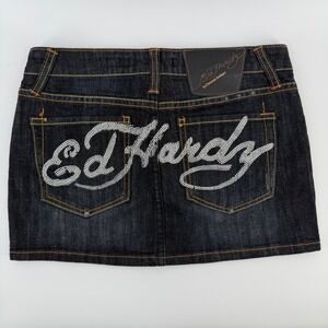 Ed Hardy Denim Mini Skirt Size 25 Rhinestone Logo Y2K Low Rise Stretch Jean